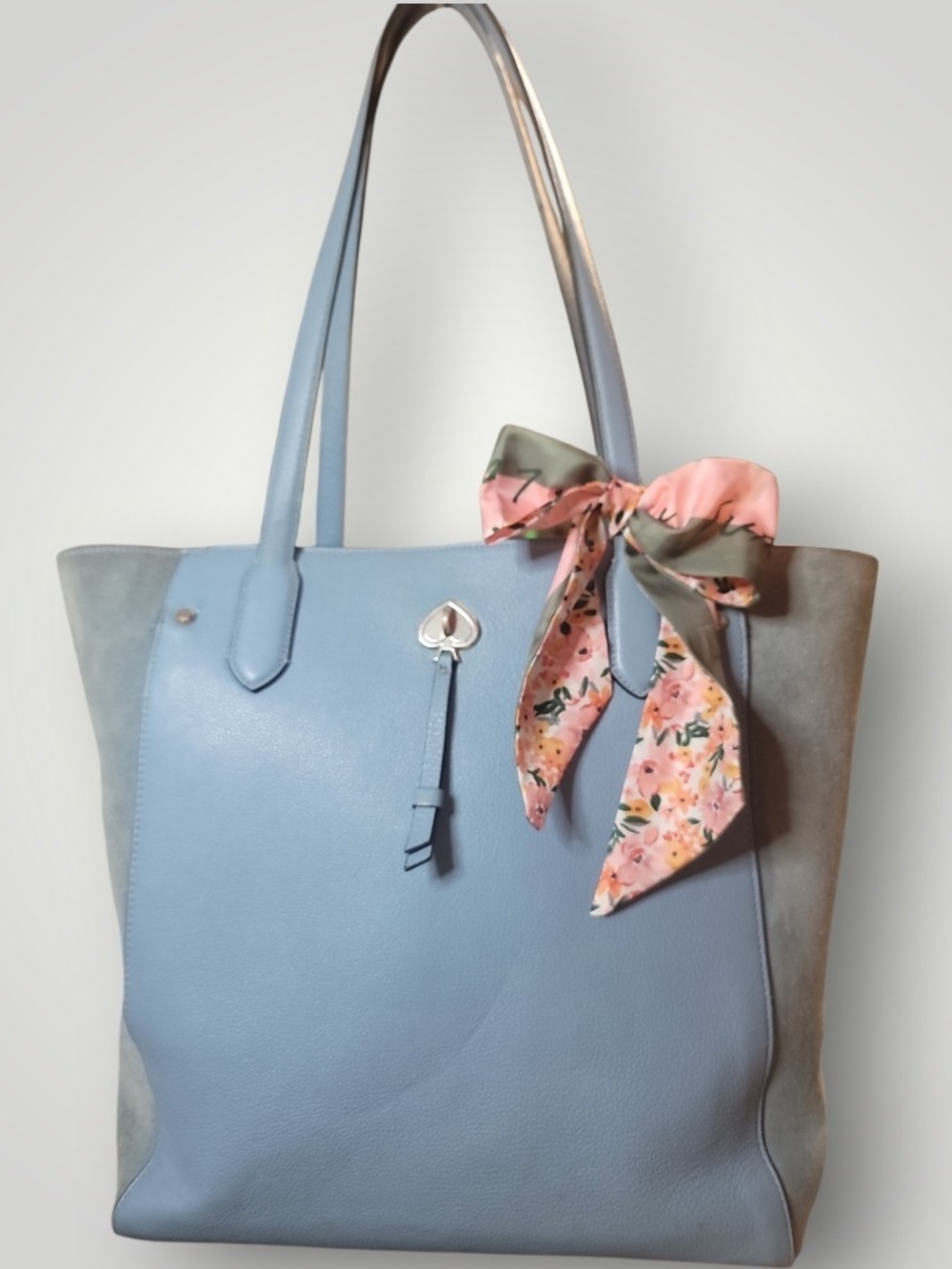kate spade Powder Blue Tote with Suede Sides Floral Scarf Accent Preloved Rehab